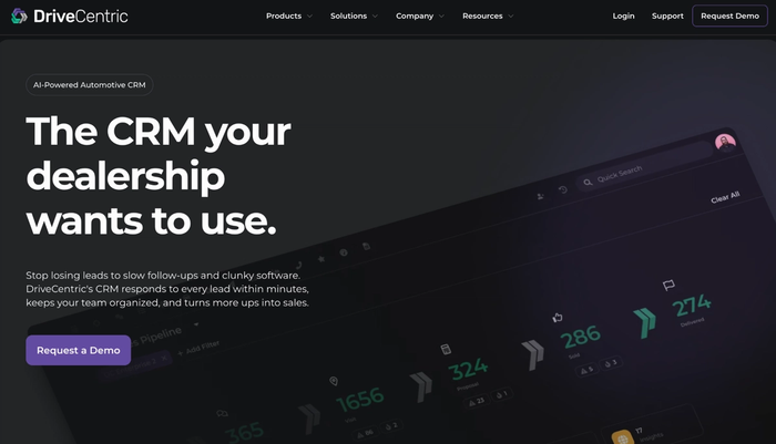 DriveCentric AI-powered automotive CRM website displaying a dashboard and the headline: "The CRM your dealership wants to use."