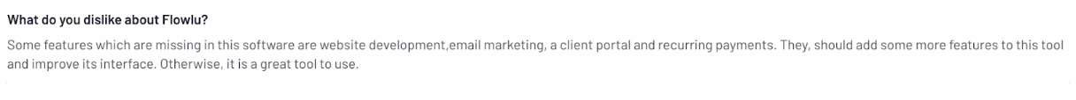 Flowlu is missing email marketing, client portal and recurring payments says one customer 