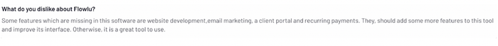 Flowlu is missing email marketing, client portal and recurring payments says one customer