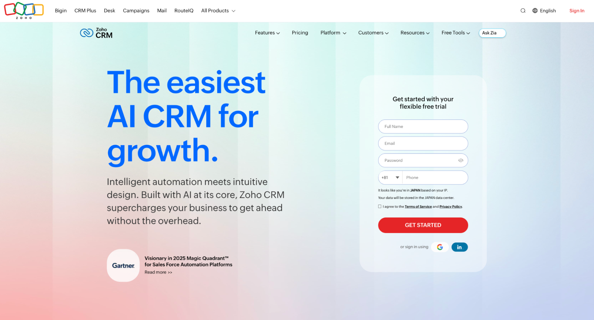 Zoho CRM homepage with "The easiest AI CRM for growth" tagline and a free trial sign-up form.