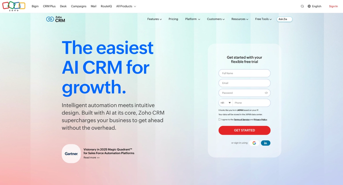 Zoho CRM homepage with "The easiest AI CRM for growth" tagline and a free trial sign-up form.