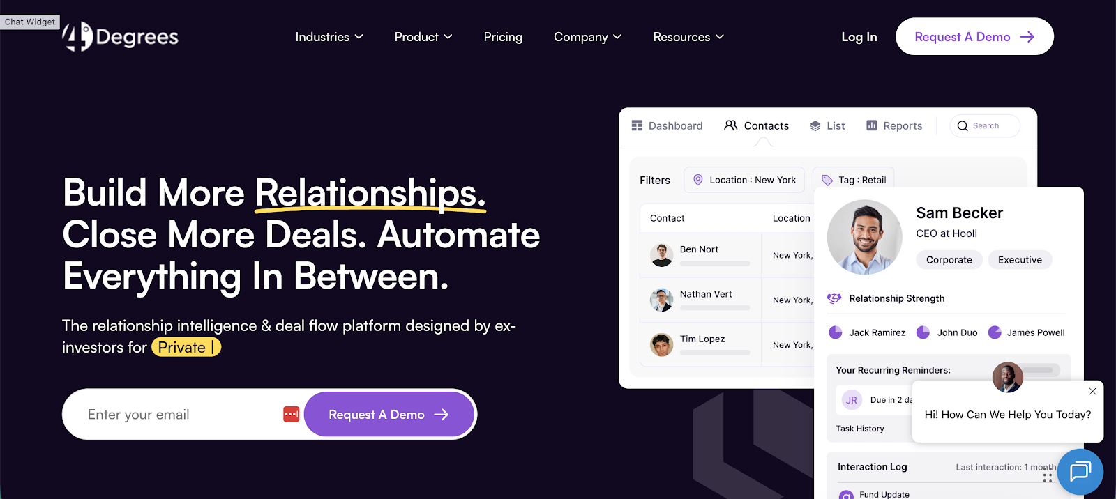 The 4Degrees website homepage displaying its relationship intelligence platform with a contact management dashboard and a chat widget.