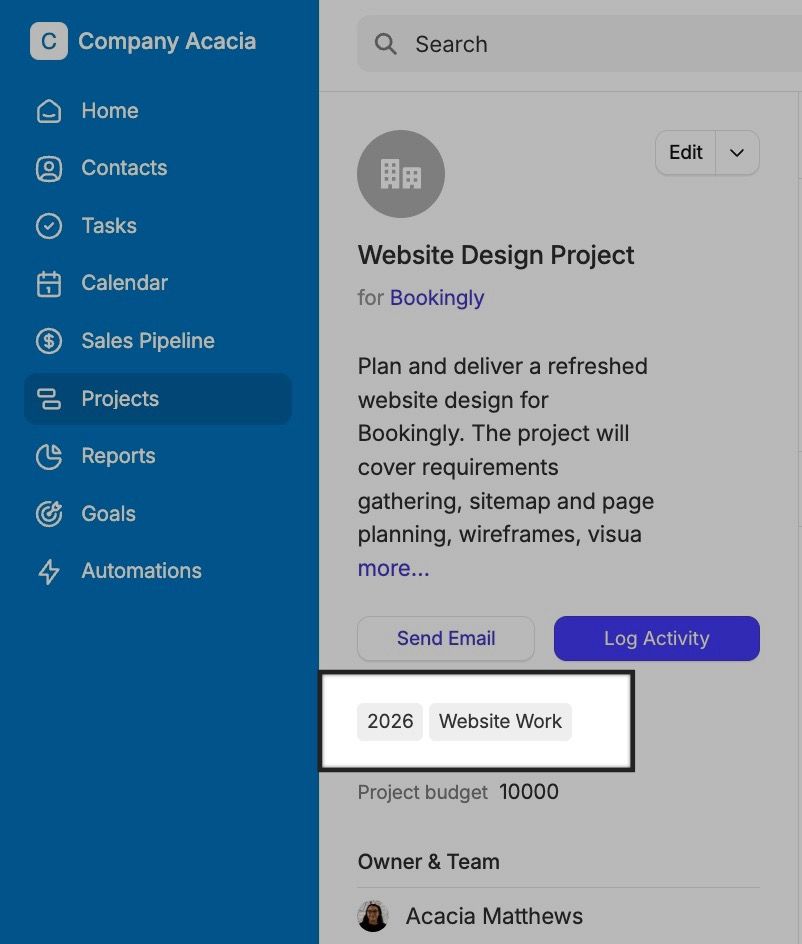 Registro del proyecto que muestra las etiquetas añadidas para clasificar el tipo de trabajo