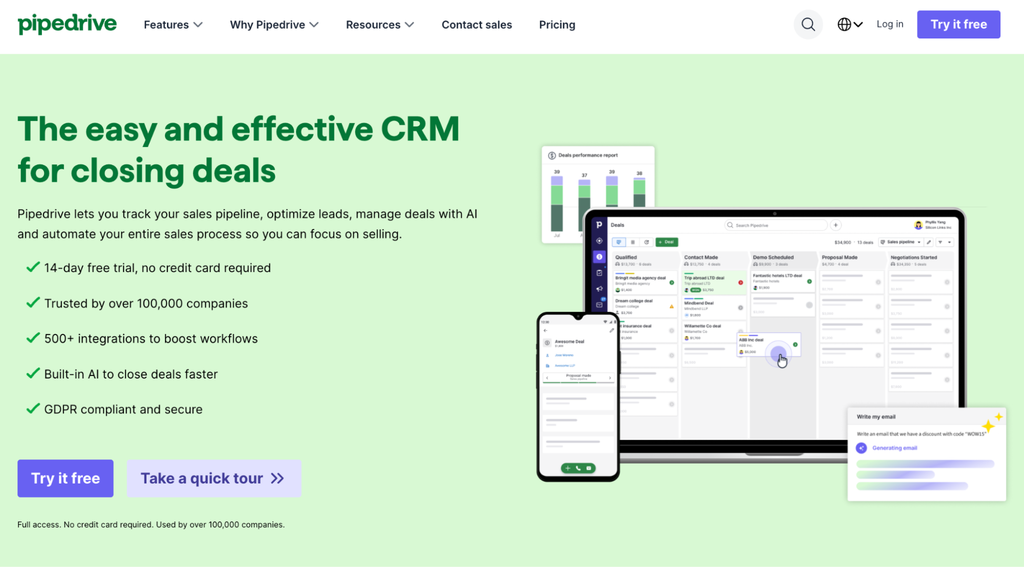 Pipedrive CRM landing page featuring a laptop displaying the sales pipeline, a smartphone with the mobile app, and the headline "The easy and effective CRM for closing deals."