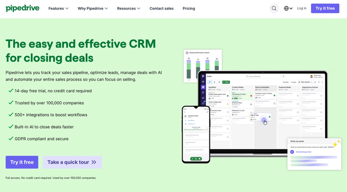 Pipedrive CRM landing page featuring a laptop displaying the sales pipeline, a smartphone with the mobile app, and the headline "The easy and effective CRM for closing deals."