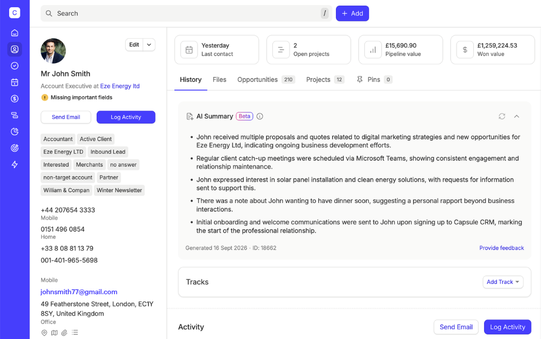 A screenshot of Capsule CRM interface showing the contact profile for John Smith, displaying his details, interaction history, and an AI-generated summary.
