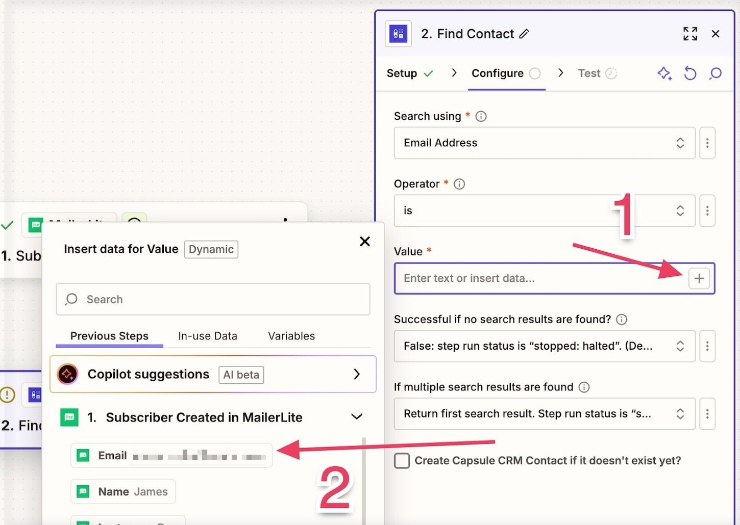encuentra el paso de contacto en zapier con el campo de valor resaltado