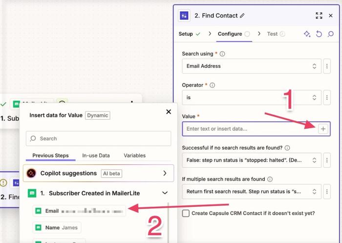 find contact step in zapier with value field highlighted