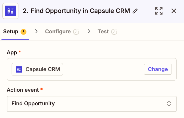 Shows the find opportunity action for Capsule in Zapier
