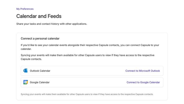 selected calendar is displayed followed by the confirmation button to enable the calendar sync