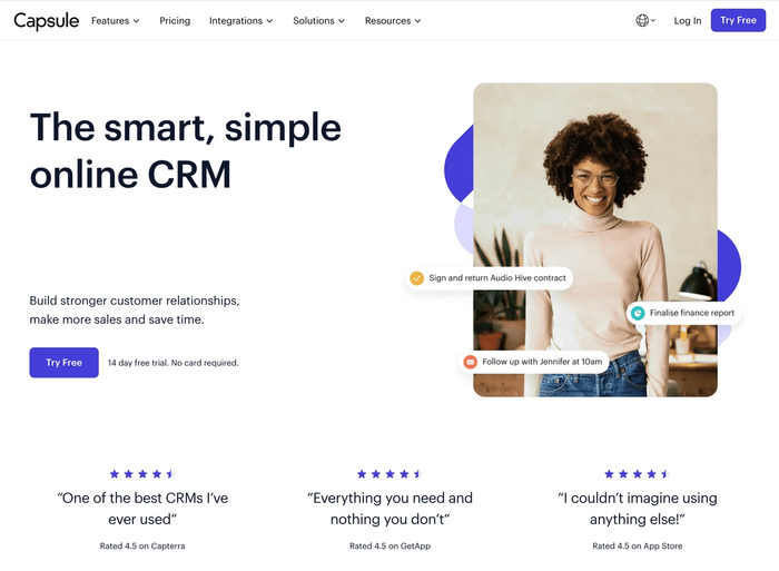 A screenshot of Capsule CRM's website