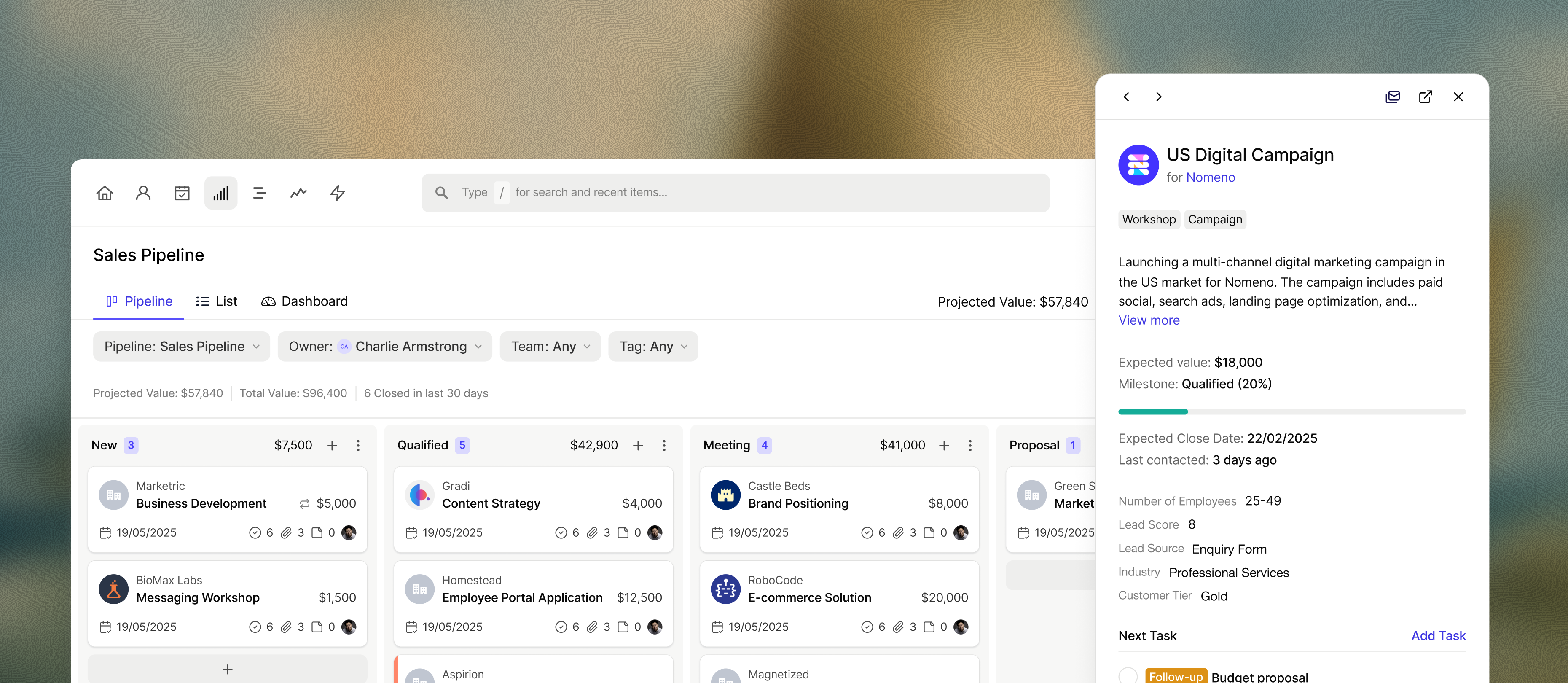 Capsule CRM sales pipeline kanban board showing multiple deals at different stages