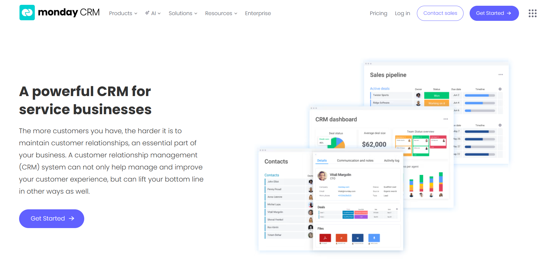 monday CRM webpage featuring the headline "A powerful CRM for service businesses" and example screenshots of its sales pipeline, dashboard, and contacts views.