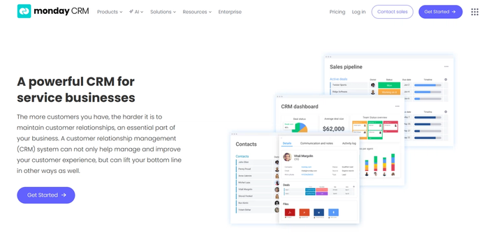 monday CRM webpage featuring the headline "A powerful CRM for service businesses" and example screenshots of its sales pipeline, dashboard, and contacts views.