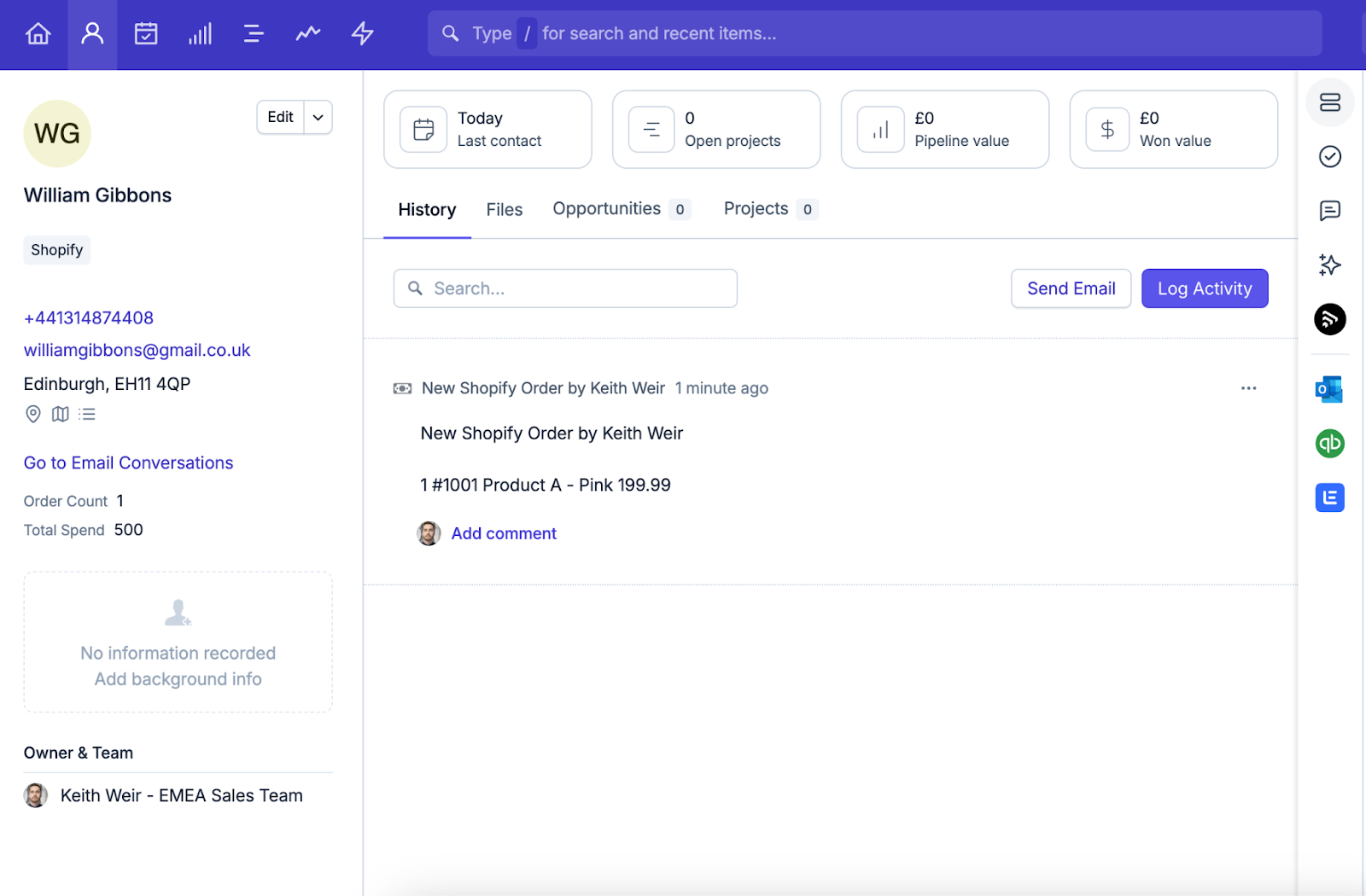 affichage d'un exemple de note ajoutée au contact dans Capsule à partir du modèle Zapier de Shopify