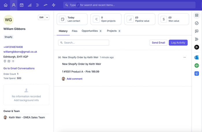 showing example note added to contact in capsule from shopify zapier template
