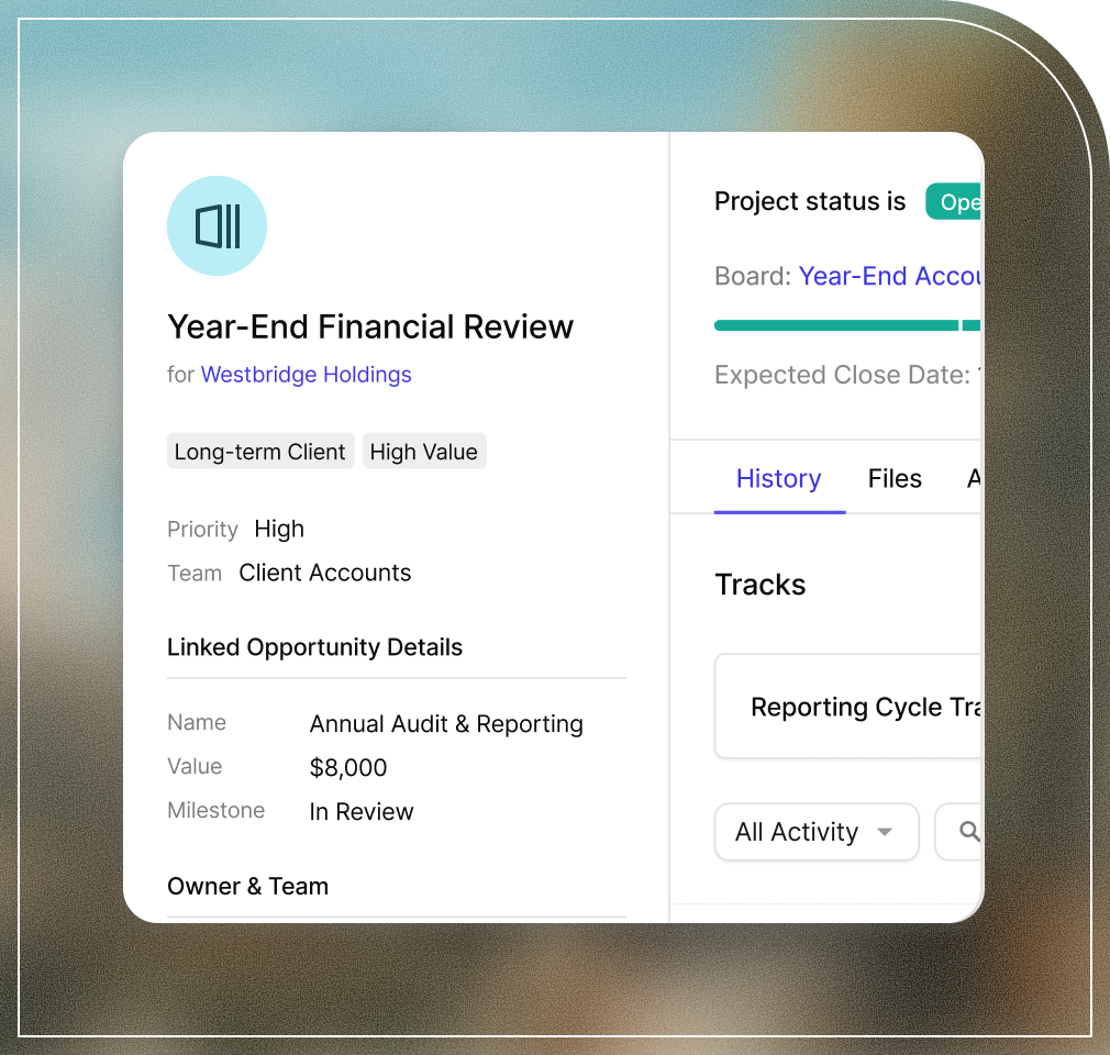 A software interface showing a detailed project card for a "Year-End Financial Review", including status, client, and linked opportunities.