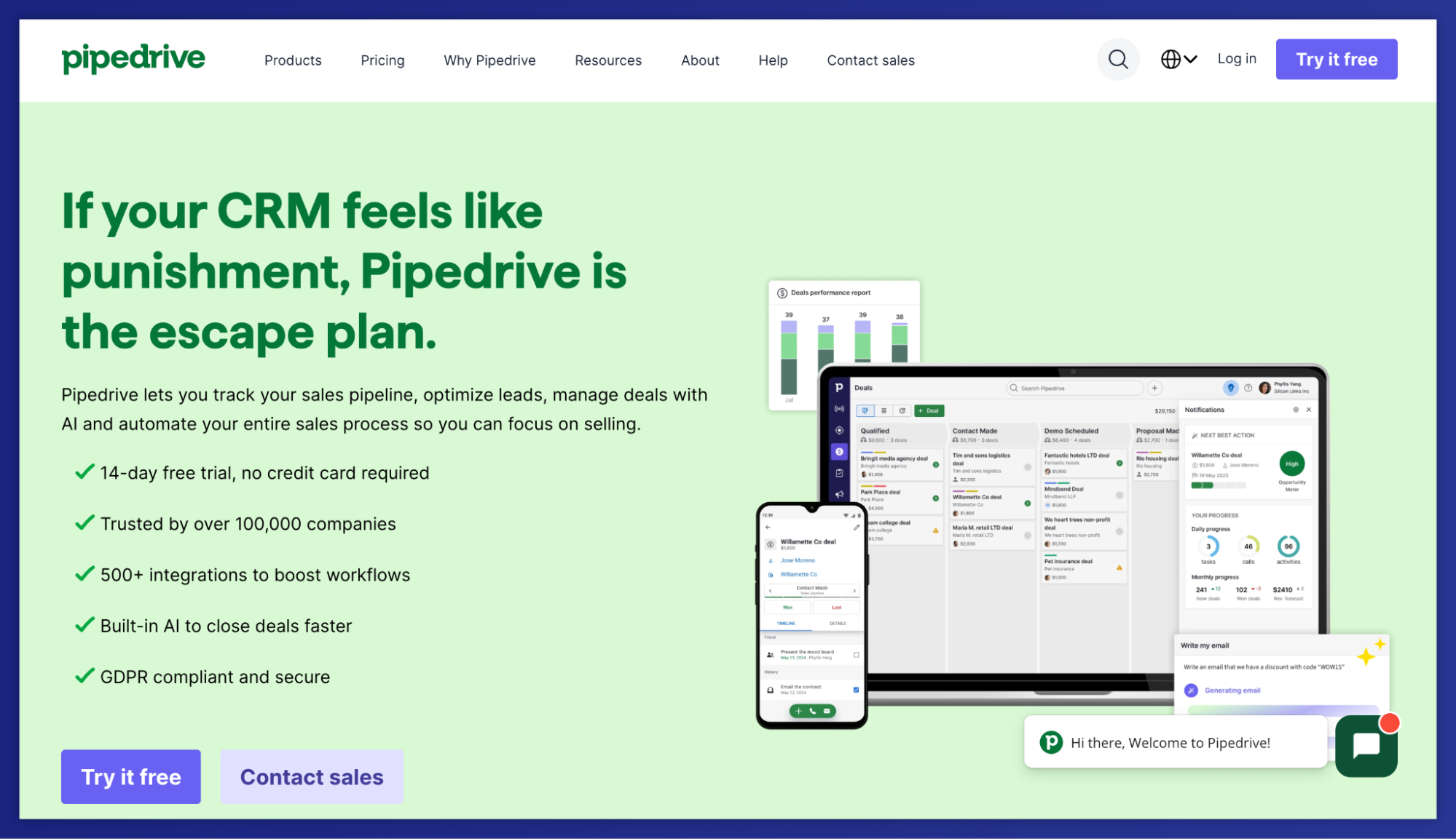 Pipedrive CRM website homepage showing its sales management interface on a laptop and phone, with a headline about it being an "escape plan" from bad CRMs.