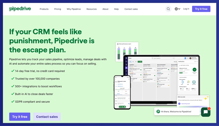 Pipedrive website showing its CRM software on laptop and phone, with the headline "If your CRM feels like punishment, Pipedrive is the escape plan."