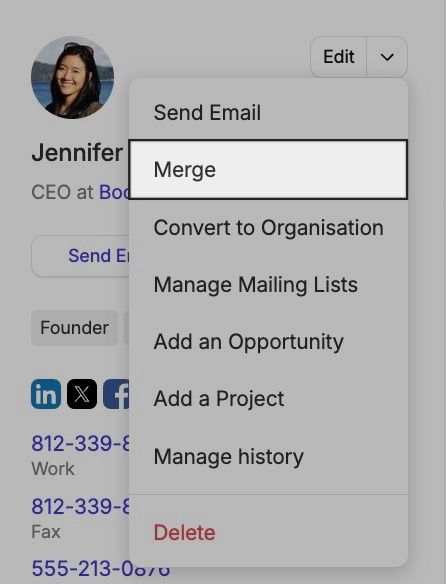 Edit drop down with Merge highlighted