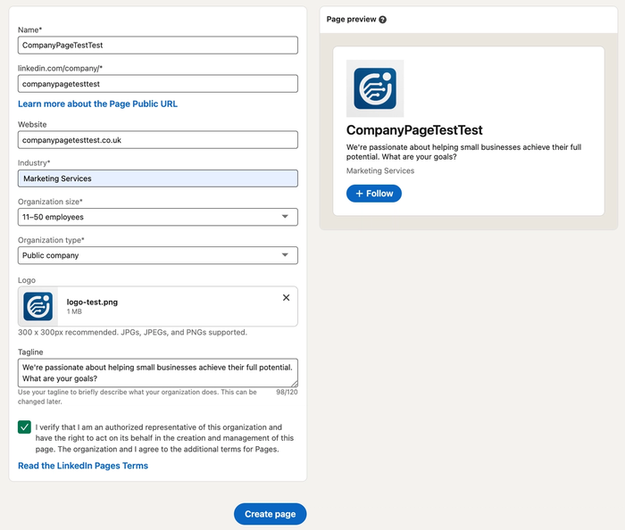 company page test setup