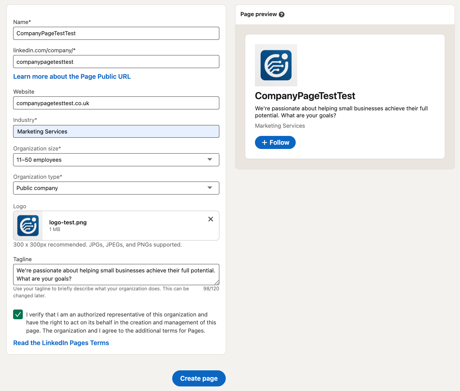 company page test setup