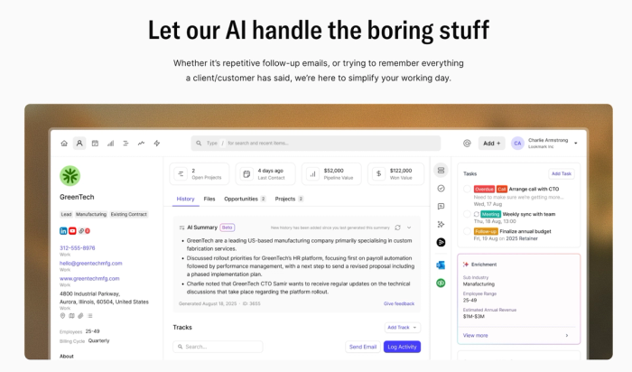 An AI-powered dashboard titled "Let our AI handle the boring stuff," displaying company details, an AI summary, and task management.
