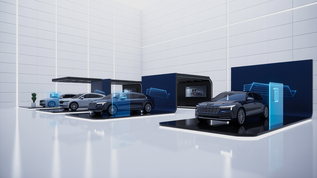 Several electric cars displayed in a futuristic showroom with blue digital interfaces around them.