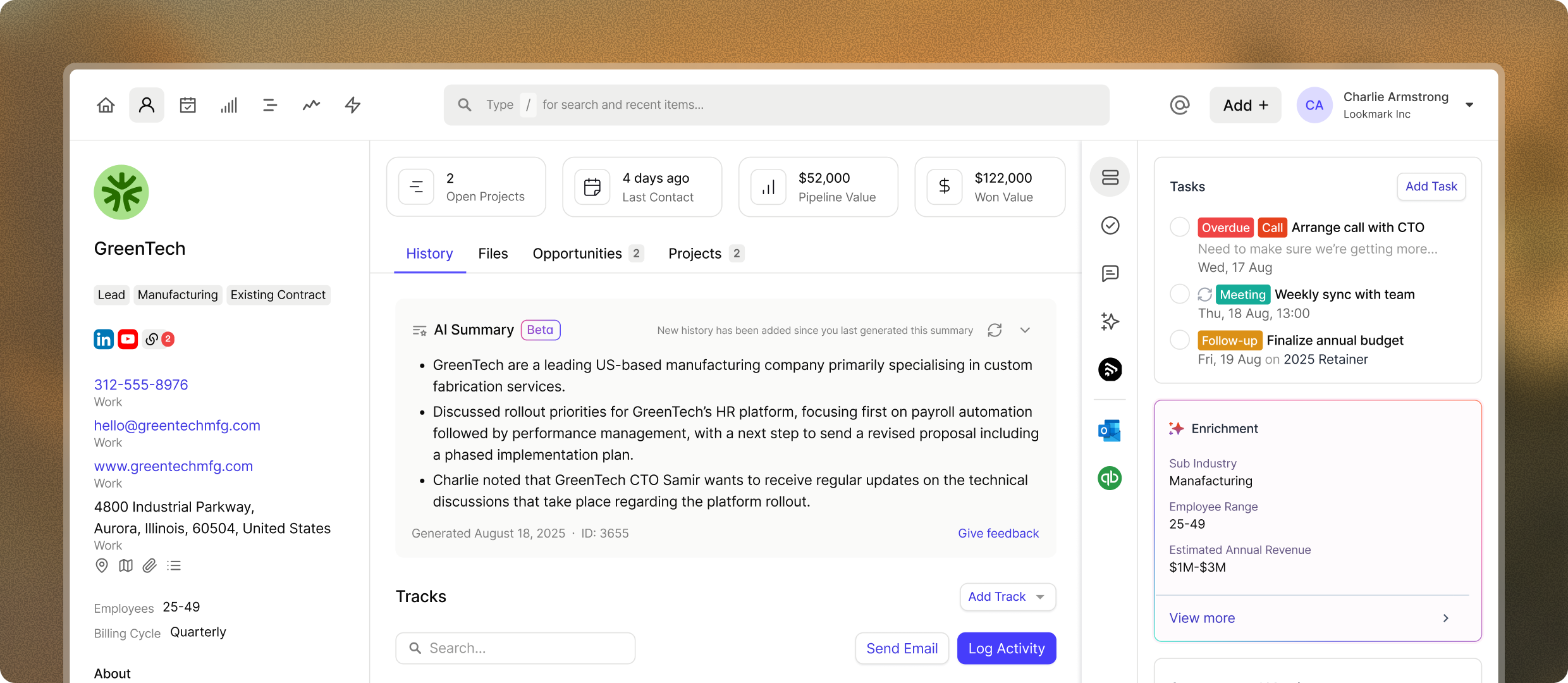 CRM dashboard displaying a GreenTech client profile with an AI summary, key metrics, and a task list.