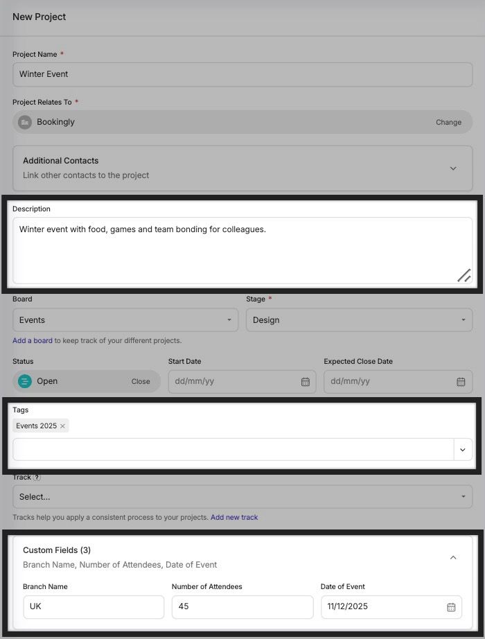 modal de agregar proyecto con descripción, etiqueta y campos personalizados llenados y resaltados