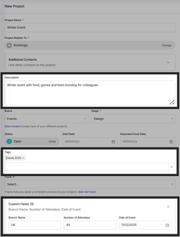 add project modal with description, tag and custom fields populated and highlighted