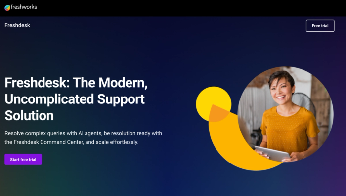 Freshdesk website with the headline "The Modern, Uncomplicated Support Solution" and a smiling woman holding a tablet.
