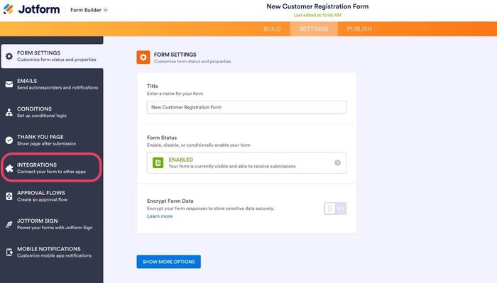 mostrar a secção de integrações no jotform