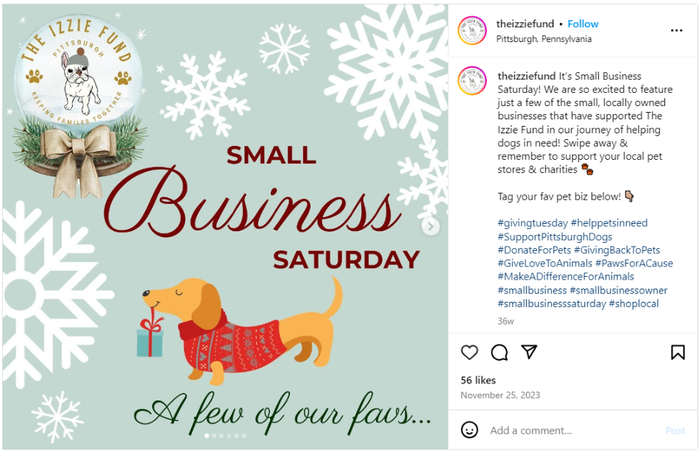a small business saturday advertisement for the izzie fund