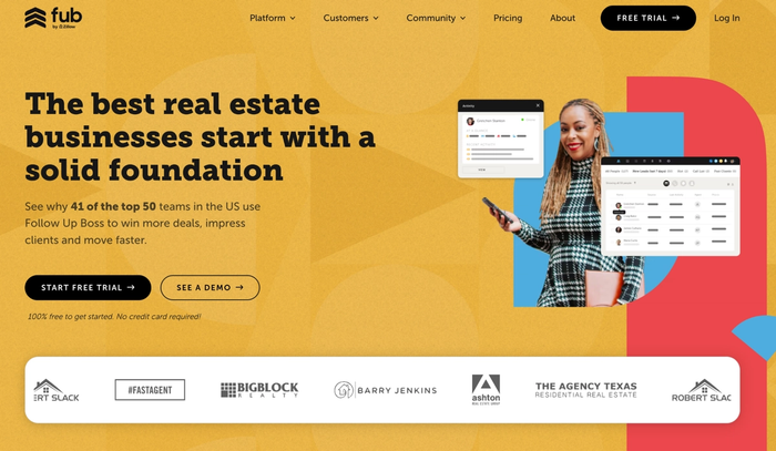 Follow Up Boss real estate software website, featuring a woman with a phone and two application screens, and the headline: "The best real estate businesses start with a solid foundation".