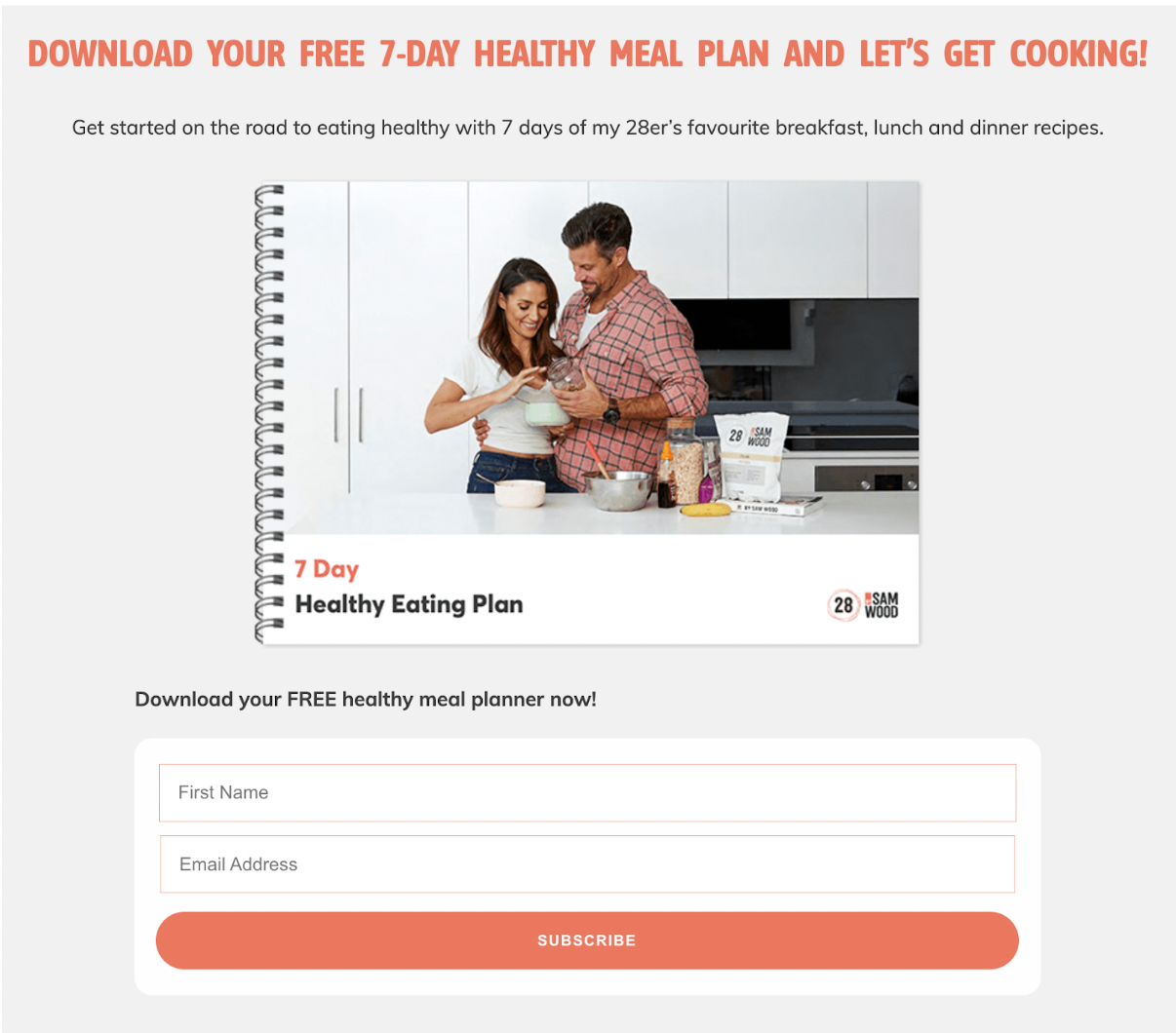 a page that says download your free 7 day healthy meal plan and let 's get cooking
