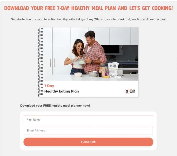 a page that says download your free 7 day healthy meal plan and let 's get cooking