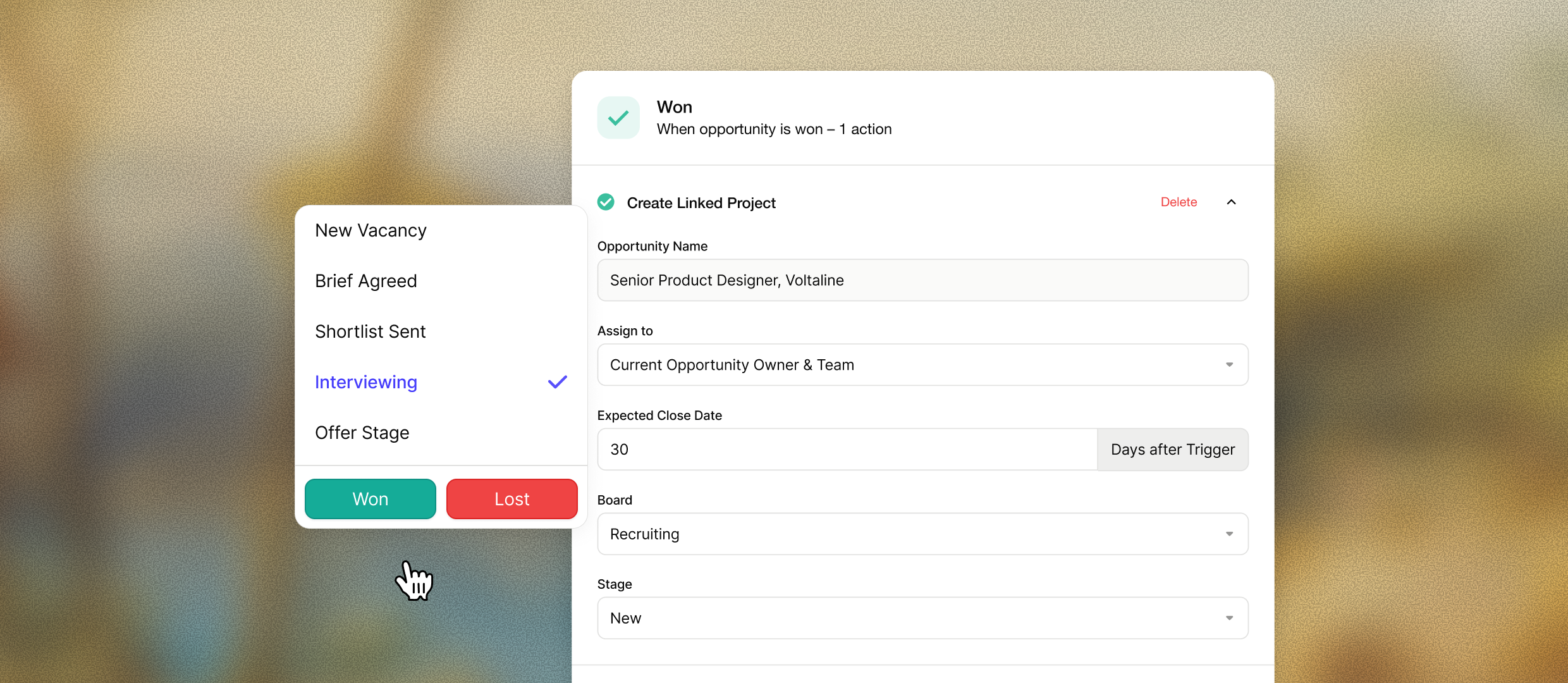 A software interface showing recruitment stages on the left, with a form on the right to create a linked project for a "won" opportunity.