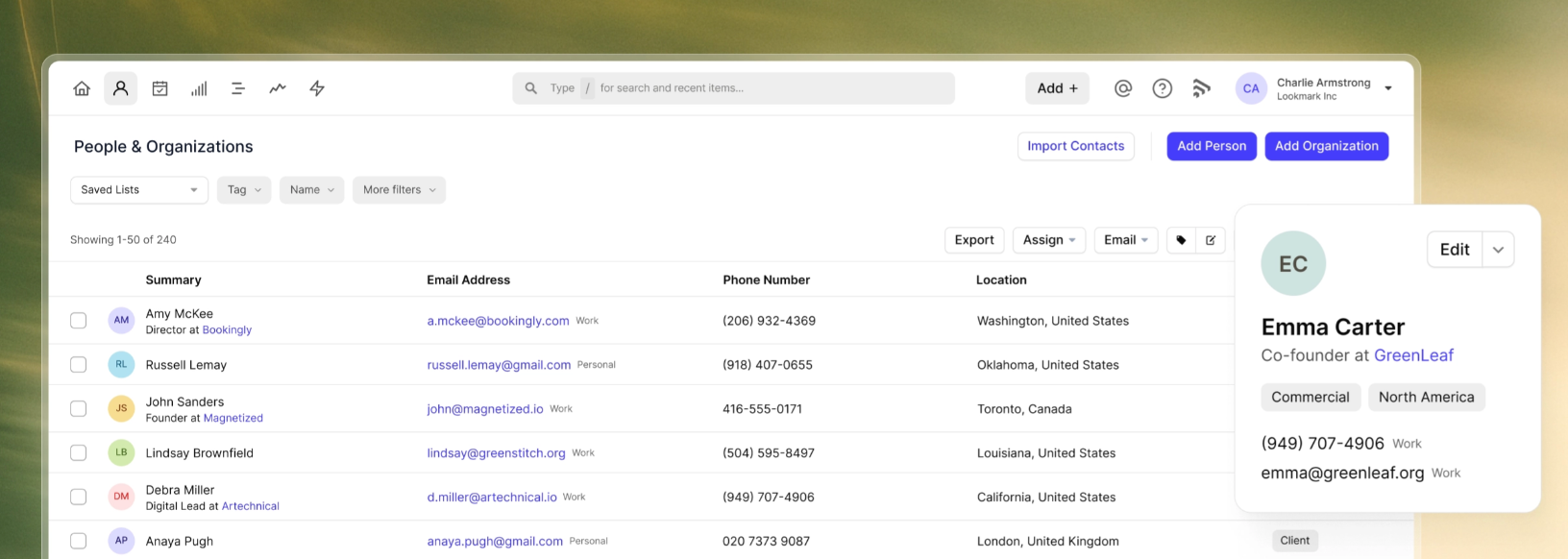 CRM software displaying a contact list and Emma Carter's detailed profile.