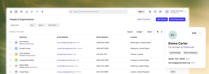 CRM software displaying a contact list and Emma Carter's detailed profile.