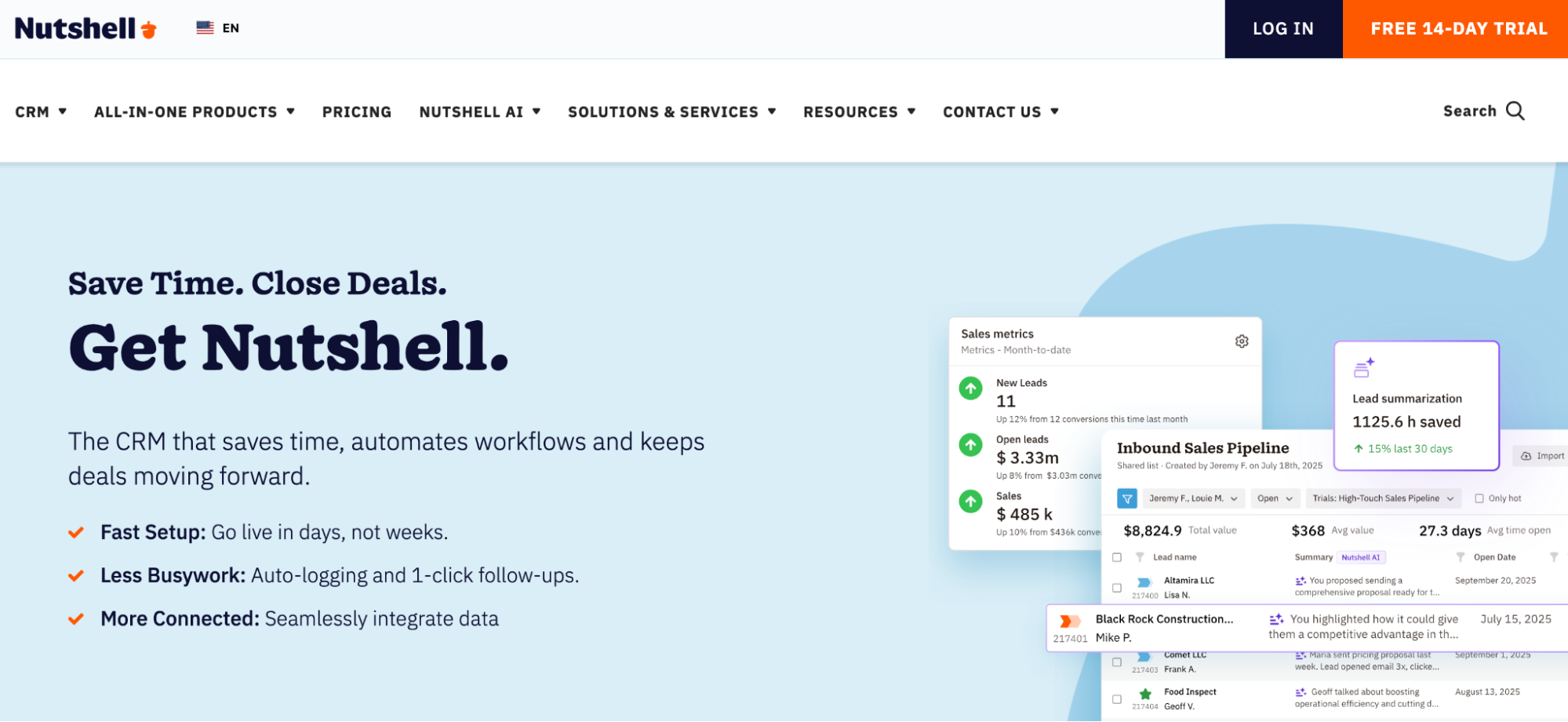 Nutshell CRM website displaying its sales dashboard and pipeline management interface.