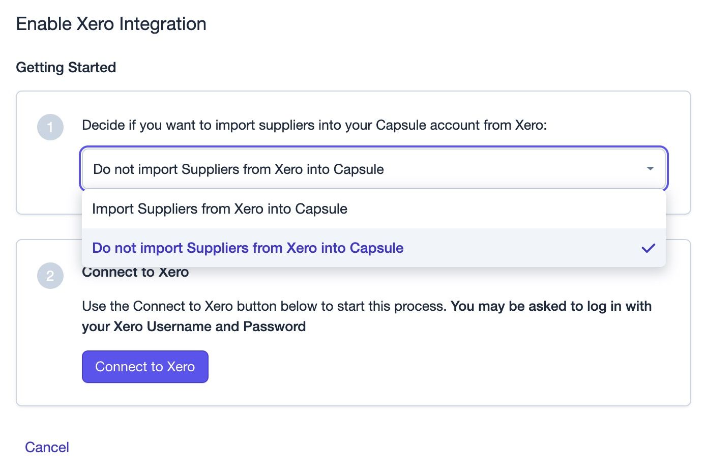 Configuración de Xero con la opción de no importar proveedores activada