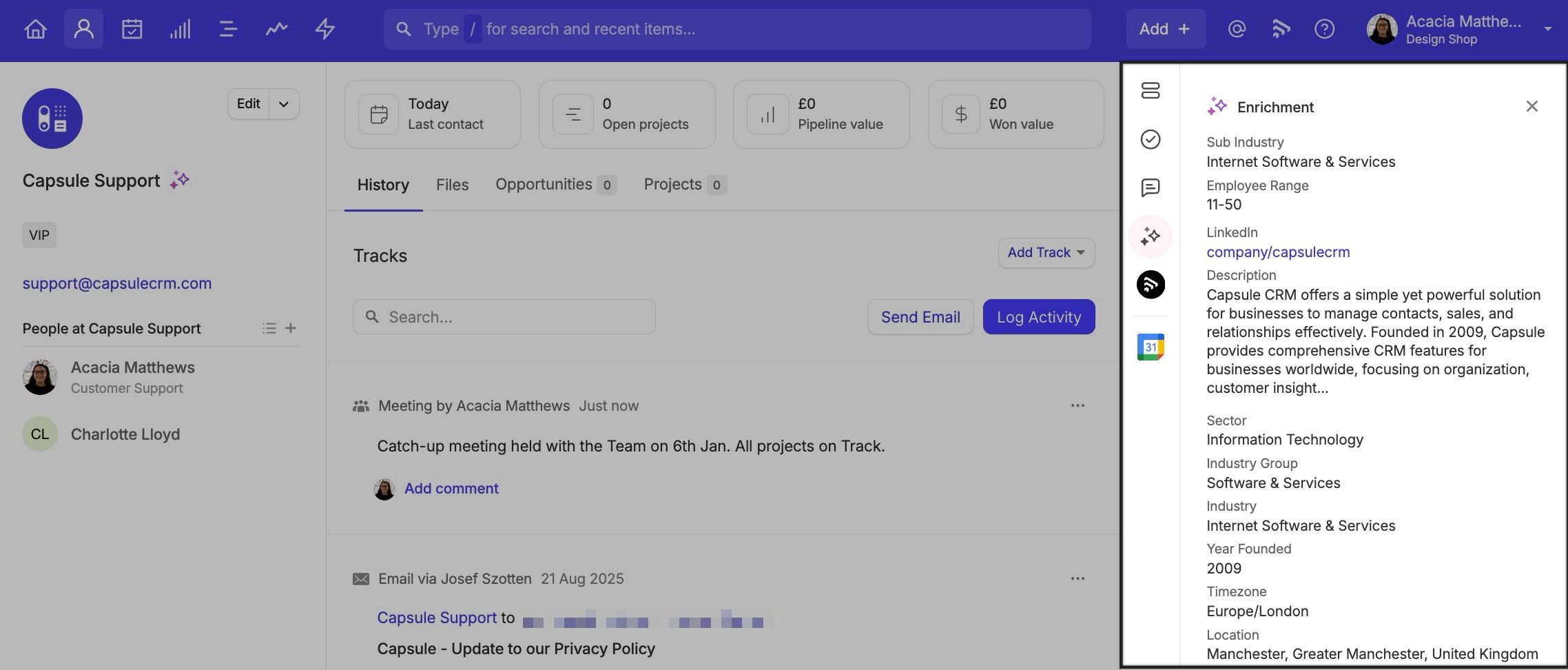 enrichment panel with capsule crm information highlighted