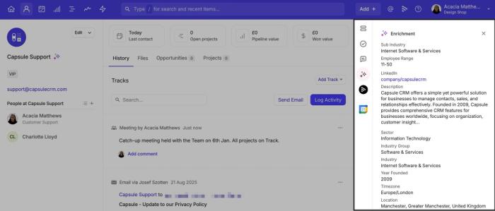 enrichment panel with capsule crm information highlighted