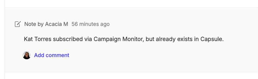 note added to capsule test contact via campaign monitor scenario