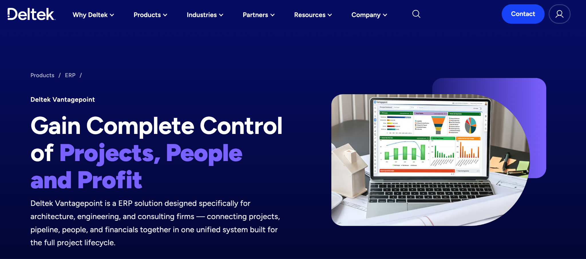 Deltek Vantagepoint webpage showing a laptop with project and financial dashboards, a model house, and blueprints, alongside the headline "Gain Complete Control of Projects, People and Profit."
