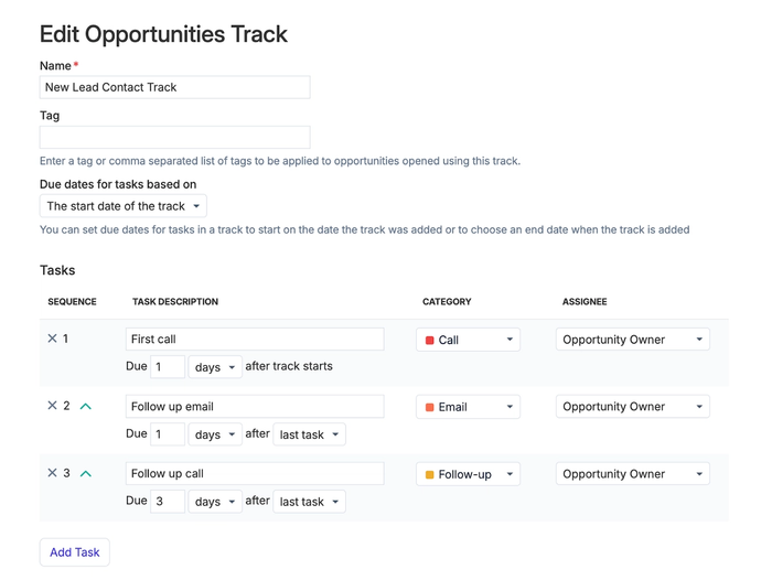 Create a Track for each stage in your Sales Pipeline to manage your opportunities efficiently and consistently
