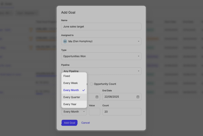 A user creates a new goal in capsule measured monthly
