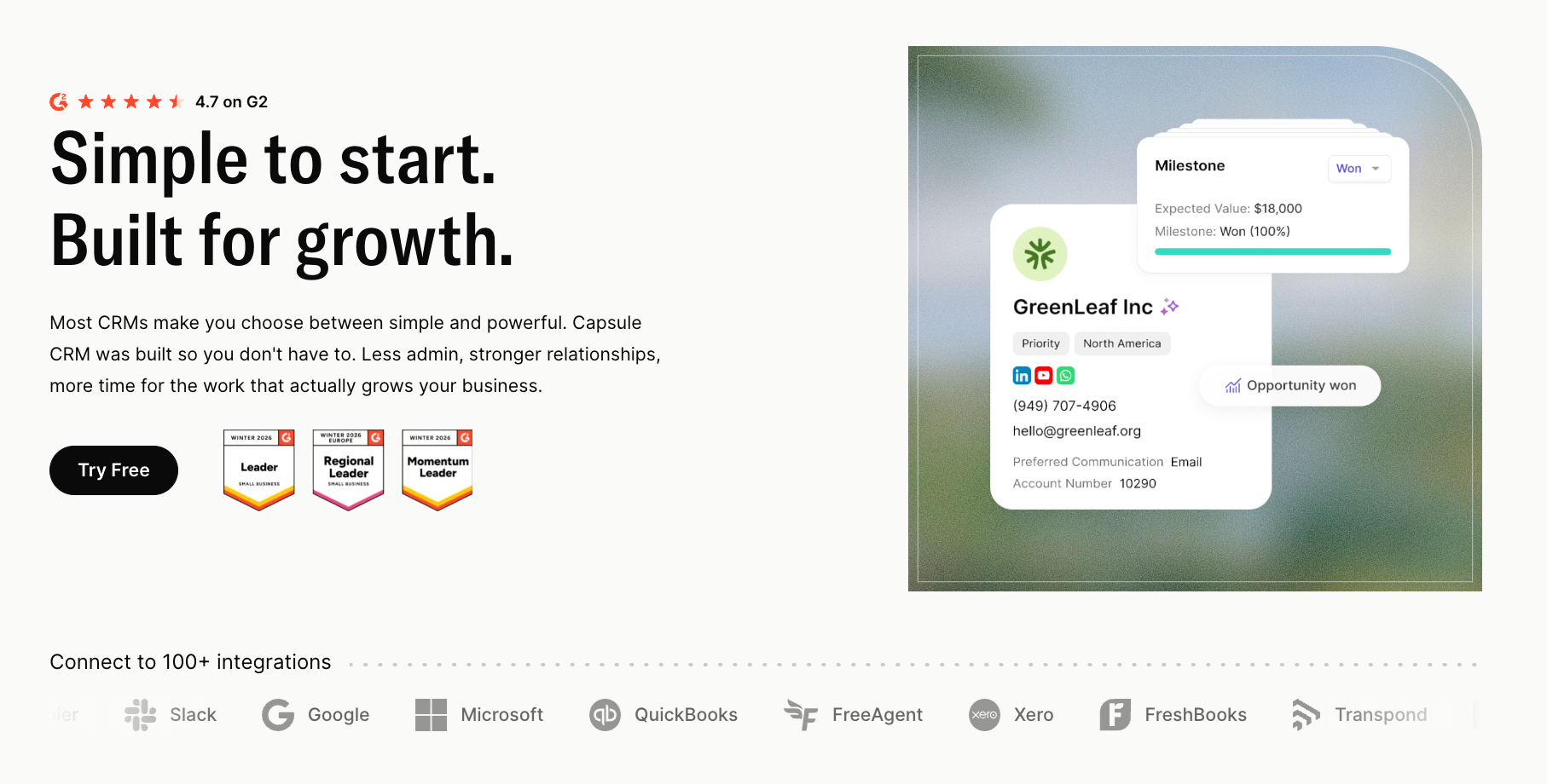 A Capsule CRM marketing page featuring the headline "Simple to start. Built for growth.", a CRM interface showing a client card and "Opportunity won" status, and various integration logos.