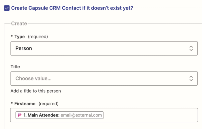 Screenshot the option to create a new contact if one isn't found, in the Capsule search step in Zapier